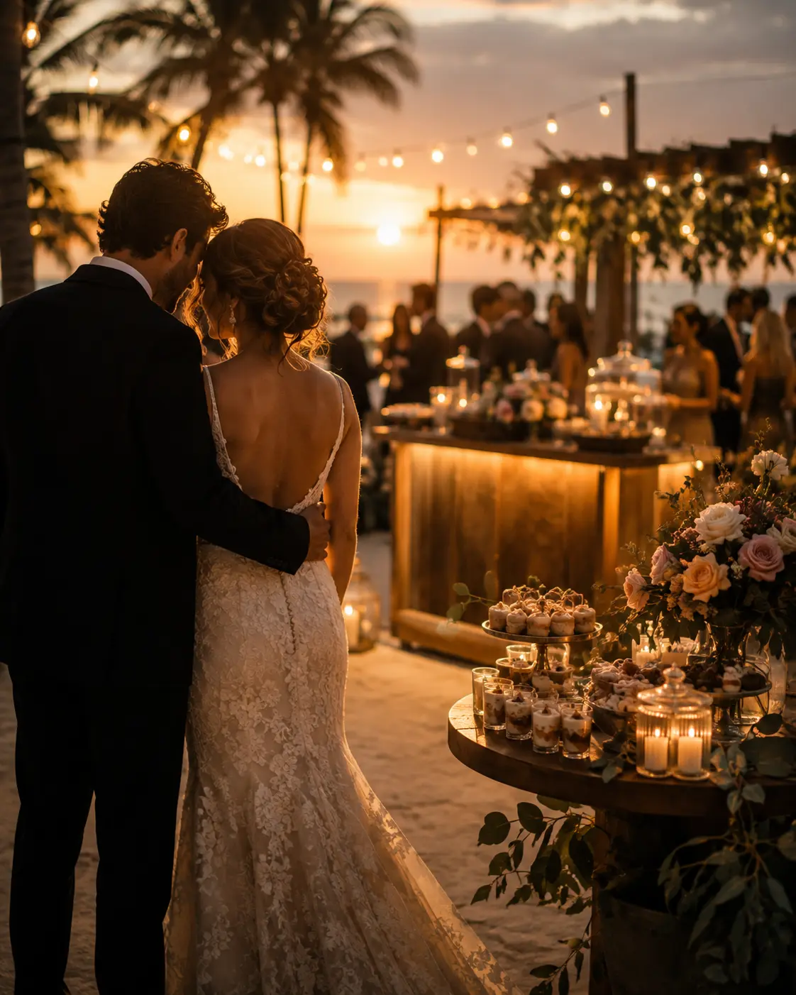 Newlyweds overlooking a beautifully styled wedding dessert station at sunset