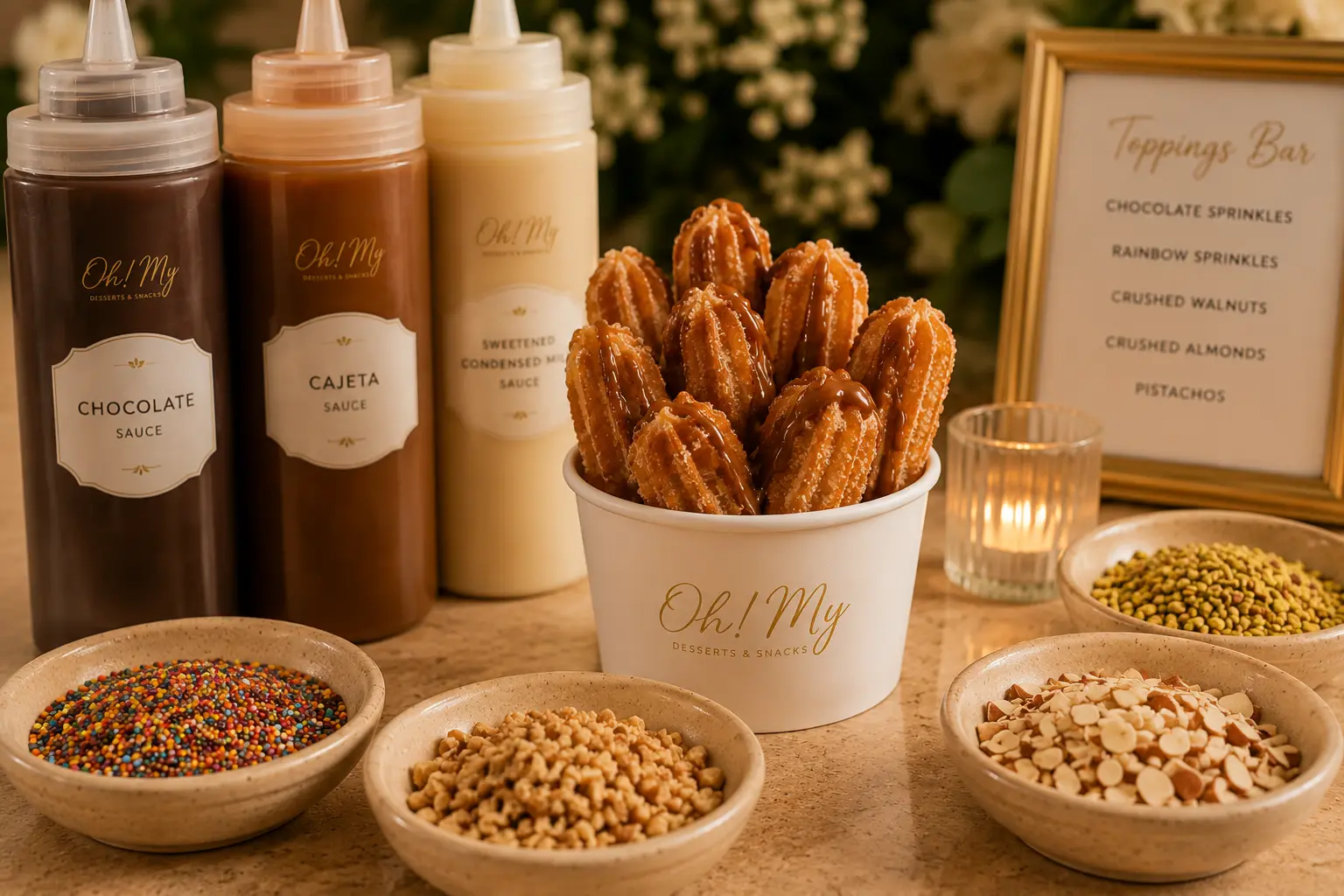 Fresh mini churros served in a branded cup with chocolate, cajeta and toppings