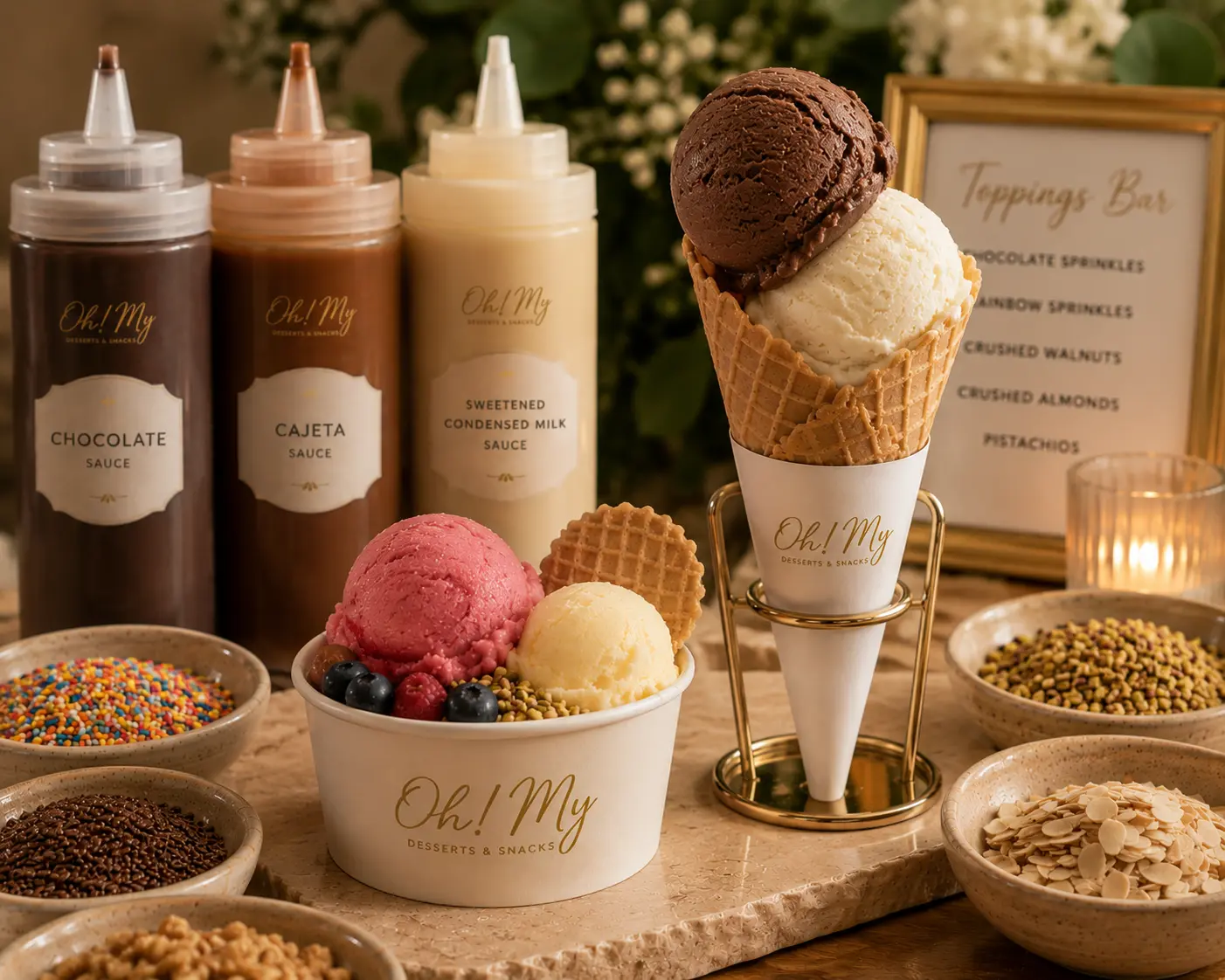 Chocolate and vanilla gelato served in a cup and small waffle cone with toppings