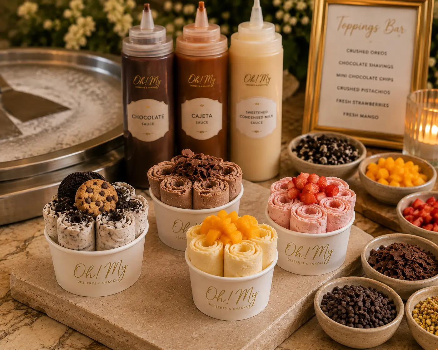 Rolled ice cream served in a small branded cup with fresh toppings and custom sauce bottles